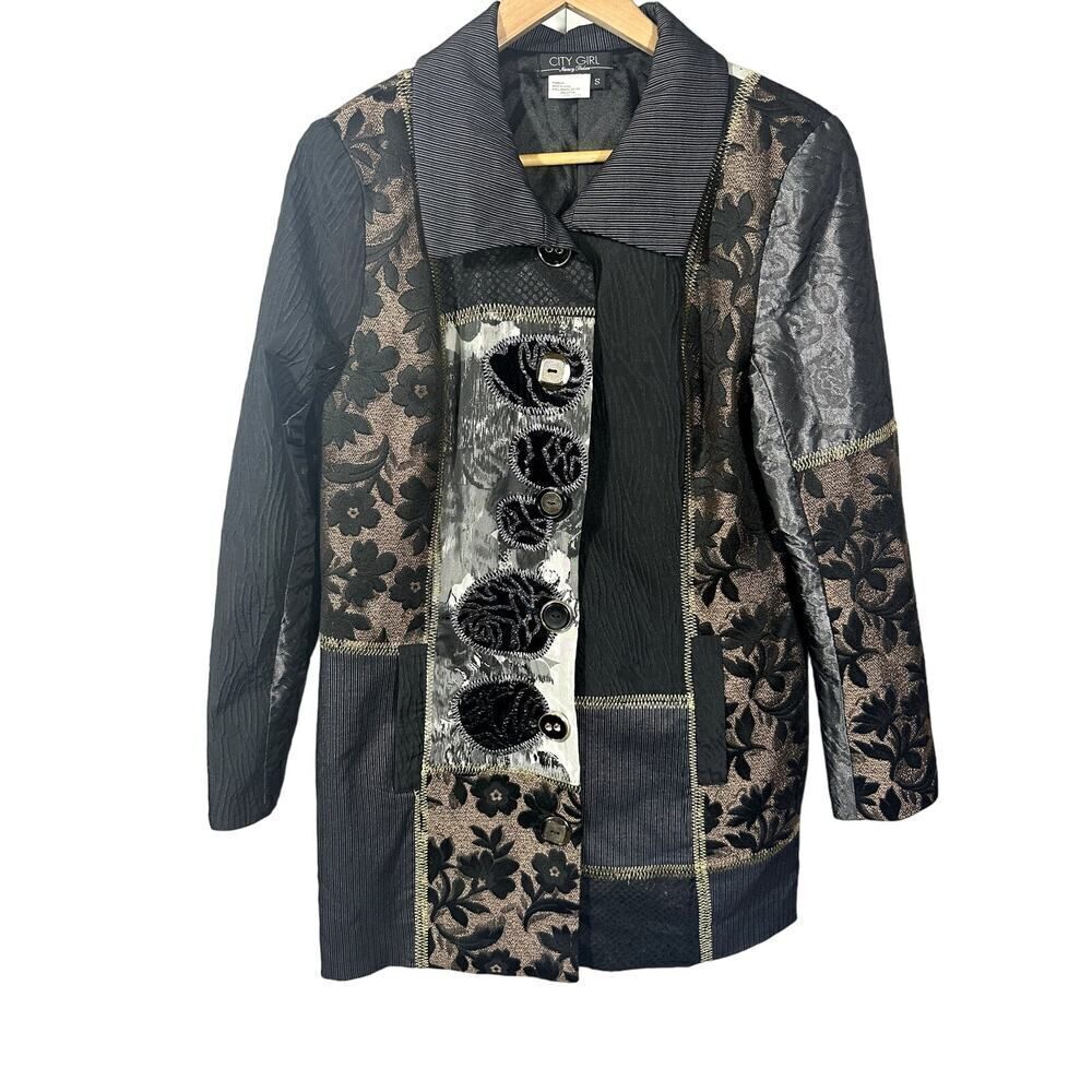 NANCY BOLEN CITY GIRL Women's Y2K Vintage Mixed Print Blazer/Jacket Brown Small